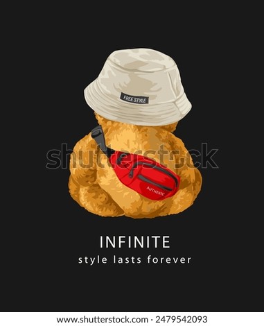 infinite slogan with bear doll sitting back in bucket hat and chest bag vector illustration on black background