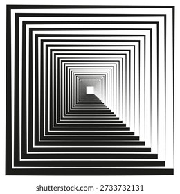Infinite square tunnel. Professional optical illusion background. Deep Vector perspective. Detailed geometric concentric pattern. EPS 10.