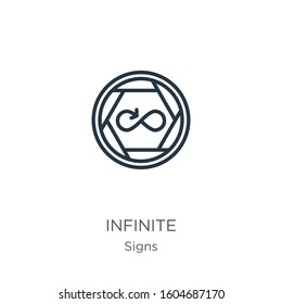 Infinite symbol icon. Thin linear infinite symbol outline icon isolated on white background from signs collection. Line vector sign, symbol for web and mobile