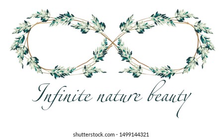Infinite symbol made from botanic wheat plant and branch on white background. Infinity nature beauty.