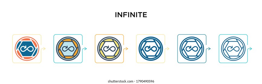 Infinite symbol vector icon in 6 different modern styles. Black, two colored infinite symbol icons designed in filled, outline, line and stroke style. Vector illustration can be used for web, mobile,