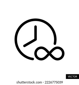 Infinite time, Unlimited, Clock and infinity symbol vector icon in line style design for website, app, UI, isolated on white background. Editable stroke. EPS 10 vector illustration.