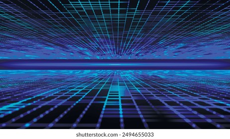 Infinite wireframe grid. Futuristic retro style background. Disappearing wireframe grid. Digital mesh landscape. Virtual space. Geometric lines and dots. 3d vector illustration.