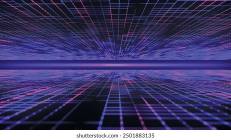 Infinite wireframe grid. Futuristic retro style background. Disappearing wireframe grid. Digital mesh landscape. Virtual space. Geometric lines and dots. 3d vector illustration.