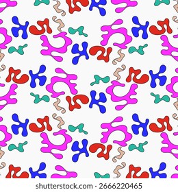 An infinitely repeating pattern featuring abstract shapes in various pastel colors on a black background. Perfect for textiles, wallpapers, digital backgrounds, and modern graphic projects.