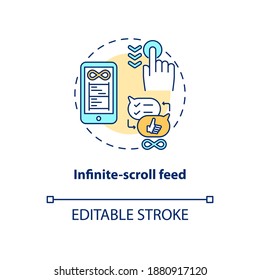 Infinite-scroll feed concept icon. Social media addiction idea thin line illustration. Never-ending content stream. Endless scrolling. Vector isolated outline RGB color drawing. Editable stroke