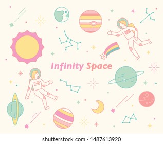 Infiniti space astronauts and solar system planets. flat design style minimal vector illustration.