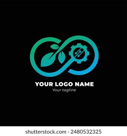 The Infiniti Tech logo is a combination of a toothed wheel and an Infiniti circle line with a leaf icon on the left side and a technology icon on the right side with green and blue gradient colors and