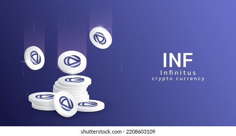 Infinitus Tokens Coin falling or flying with pile of coins. Cryptocurrency banner. Crypto currency on purple background. Vector 3d illustration. 