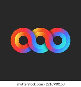 Infinity 3d logo rainbow gradient, endless 3 circles geometric shape from chain loops bright pattern.