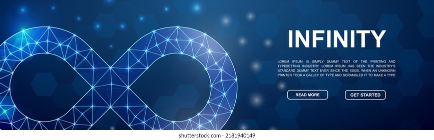 Símbolo infinito 3d de polos bajos para el cartel de promoción de la cabeza. Concepto de ilustración de diseño para siempre. Ilustración de afiche horizontal de la insensibilidad poligonal
