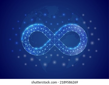 Infinity 3d low poly symbol with blue world map background. Forever concept design vector illustration. Unlimited polygonal symbol with connected dots