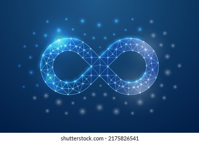 Infinity 3d symbol in blue low poly style. Forever, unlimited design concept illustration. Endlessness polygonal wireframe.