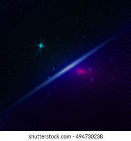 Infinity abstract background with stars and neon light in dark blue shadow. Vector space background in blue color with lines. Glowing stars with illusion of depth and perspective. Backdrop for science
