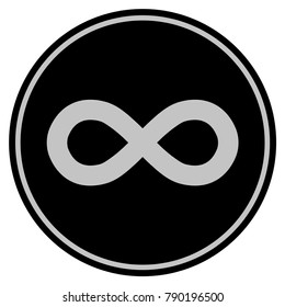 Infinity black coin icon. Vector style is a flat coin symbol using black and light gray colors.