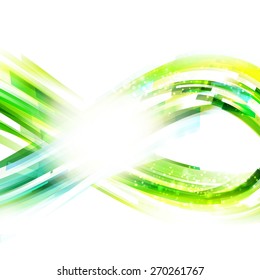 Infinity blue and green drawing with lighting effect. Vector linear decorative illustration. Logo presentation.