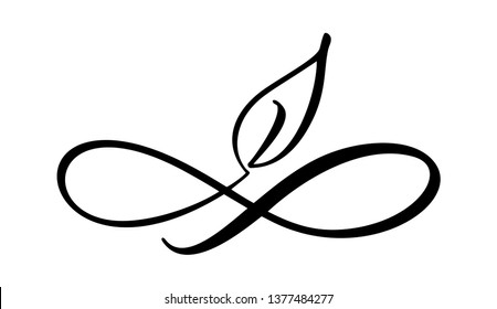 Infinity calligraphy vector illustration symbol with leaf. Eternal limitless emblem. Cycle endless eco life concept. Modern brush stroke. Graphic bio design element for card and logo