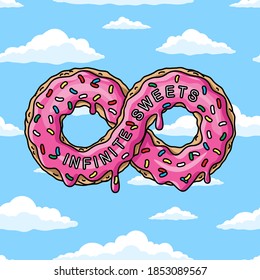 infinity cartoon donut with pink glaze against blue sky wish clouds. Mobius strip vector illustration 