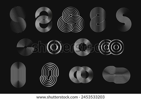 Infinity circles linear metal loops set on black background. Silver limitless rings. Vector geometric elements for logo design.