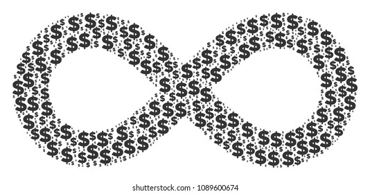 Infinity collage of dollar symbols and spheric points. Vector money icons are composed into infinity illustration.