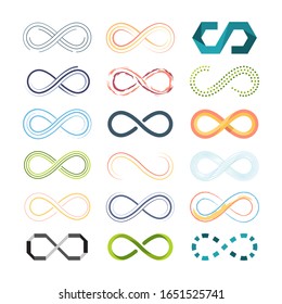 infinity colored symbols. abstract shapes of futuristic logos eternity symbols in graphic symbolism. vector collection