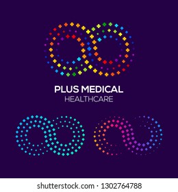 Infinity Colorful logo with Plus or Positive Signs, Line Dot and Pixel concept, Looped and Link symbol, Technology and Digital icon, Medical Healthcare Hospital for your Corporate identity