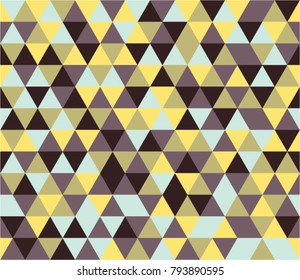 Infinity colorful triangles pattern of yellow, blue, brown triangles. Bright, stylish colors for fashion. Birthday, gift wrapping paper. 