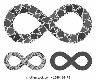 Infinity composition of raggy items in various sizes and color tints, based on infinity icon. Vector inequal items are composed into collage. Infinity icons collage with dotted pattern.
