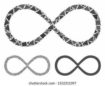 Infinity composition of trembly parts in different sizes and color hues, based on infinity icon. Vector inequal parts are grouped into collage. Infinity icons collage with dotted pattern.