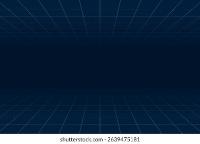Infinity dark blue 3D white grid horizontal tunnel background with gradient fade and depth effect. Ideal for backgrounds, tech designs, templates, presentations, and modern digital content.
