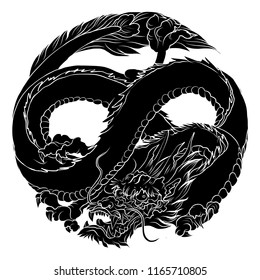 Infinity dragon in circle isolate on white background.Chinese lucky dragon eight shape in circle.Silhouette Japanese dragon.