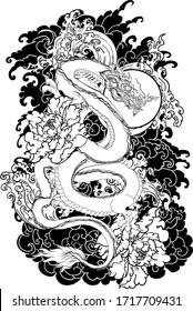 Infinity dragon with peony and water wave tattoo.Japanese dragon tattoo.