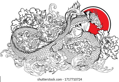 Infinity dragon and peony   water wave tattoo Japanese dragon tattoo 