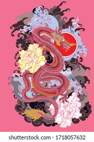 Infinity dragon with peony and water wave tattoo.Japanese dragon tattoo.