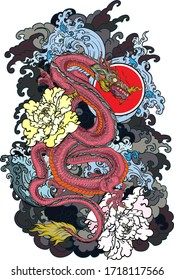 Infinity dragon with peony and water wave tattoo.Japanese dragon tattoo.