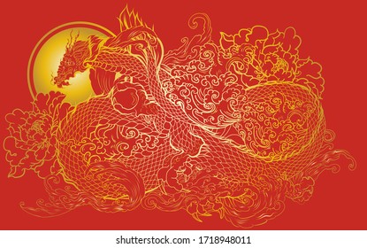 Infinity dragon with peony and water wave tattoo.Japanese dragon tattoo.