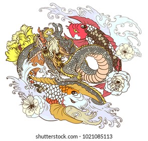 infinity Dragon with Yin Yand Koi carp fish tattoo.Chinese Dragon with wave background for Chinese New year.