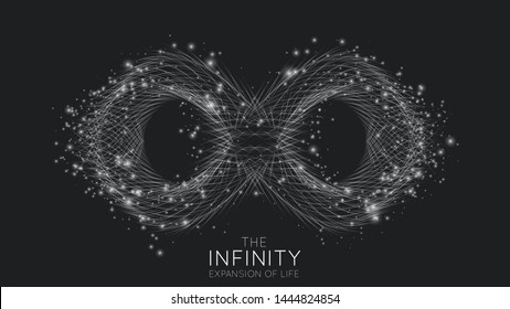 Infinity expansion of life. Vector infinity sign explosion background. Small particles strive out of center. Blurred debrises into rays or lines under high speed of motion. Burst, explosion backdrop.