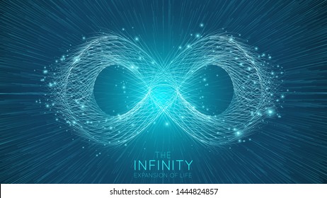 Infinity expansion of life. Vector infinity sign explosion background. Small particles strive out of center. Blurred debrises into rays or lines under high speed of motion. Burst, explosion backdrop.