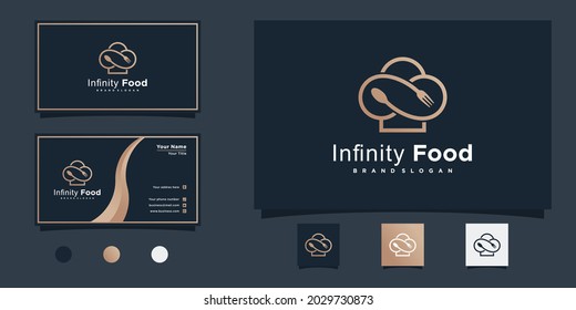 Infinity Food Logo Design Inspiration mit modernen Food Symbol Linie Art und Business Card Design Premium Vector