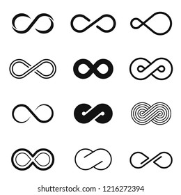 Infinity geometric emblem set, eternity symbol collection. Time or space that has no end sign. Vector line art illustration isolated on white background