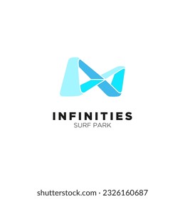 Infinity geometric water logo concept with 3d shape gradient blue color. Surf Park