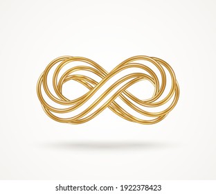 Infinity gold symbol isolated on white background. Vector illustration. Endless sign, 3d golden loop, 8 icon logo creative concept design template. Many connected metallic wires.