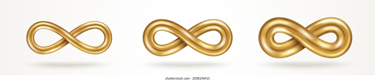 Infinity gold symbols set isolated on white background, various thickness. Vector illustration. Endless sign, 3d golden loop, 8 icon logo creative concept design template.
