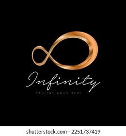 Infinity golden logo template. Shiny gold endless symbol. Luxury infinite icon vector illustration.