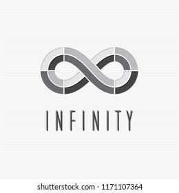 Infinity Hand Crafted Logo Creative Concept with Cut Layers Style Infinity Sign and Authentic Lettering - Grey Elements on White Striped Paper Background - Vector Contrast Graphic Design