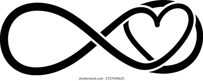Icono de corazón infinito con líneas negras que fluyen para el amor eterno, el romance, la emoción y el contenido de diseño simbólico.