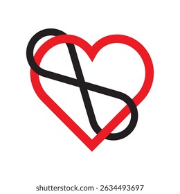 Infinity heart icon. Red black shape. Vector love symbol. Romantic unity element.