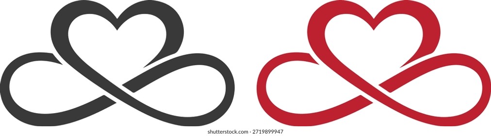 Símbolo de Vector de contorno de corazón infinito que representa el amor eterno, la unidad y la conexión interminable. Disponible en versiones negras y rojas, diseño plano mínimo limpio aislado sobre fondo blanco. Perfecto para tarjetas de San Valentín, logotipos de bodas, diseños de aniversario, iconos de amor, tatuajes, pegatinas y gráficos imprimibles.