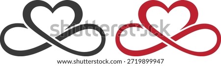 Infinity heart outline vector symbol representing eternal love, unity, and endless connection. Available in black and red versions, clean minimal flat design isolated on white background. Perfect for Valentine’s Day cards, wedding logos, anniversary designs, love icons, tattoos, stickers, and printable graphics.